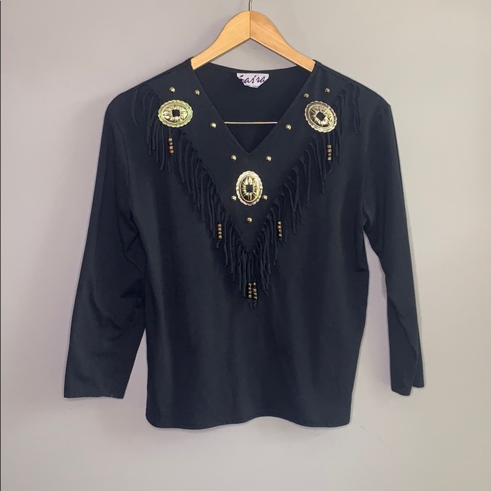 Vintage Fringe Black Southwest V-Neck Top Medium